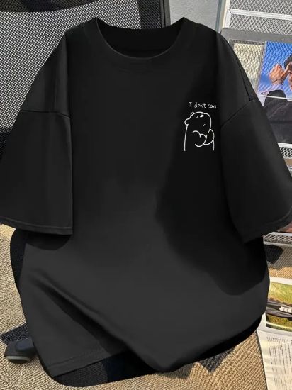 Baskılı Oversize Bisiklet Yaka T-shirt - Siyah resmi